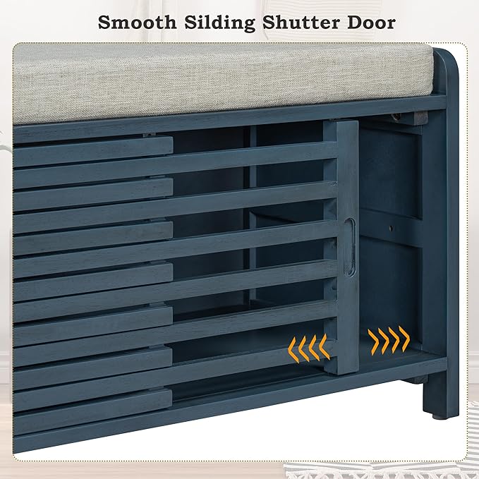 Amposei Modern Classic Storage Bench 43.3-Inch Wooden Entryway Shoe Storage Bench Cabinet with Removable Seat Cushion & Sliding Shutter-Style Doors for Living Room Entrance Hallway, Navy
