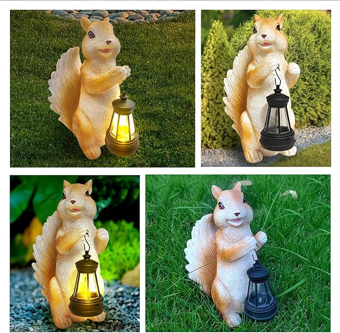 Solar Garden Statues Squirrel Decor - Resin Outdoor/Indoor Squirrel Sculpture Garden Lights Statue Decoration for Patio Home Yard Lawn, Unique Garden Figurine Lights Gift for Mom Grandma