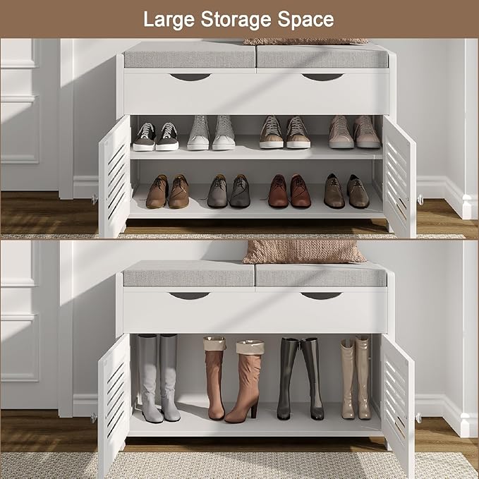 ChooChoo Shoe Storage Bench with Lift Top Storage, Entryway Bench with 2 Cushioned Seats, 3 Compartments, Adjustable Shelf, Shoe Cabinet for Entryway, Bedroom, Living Room, White