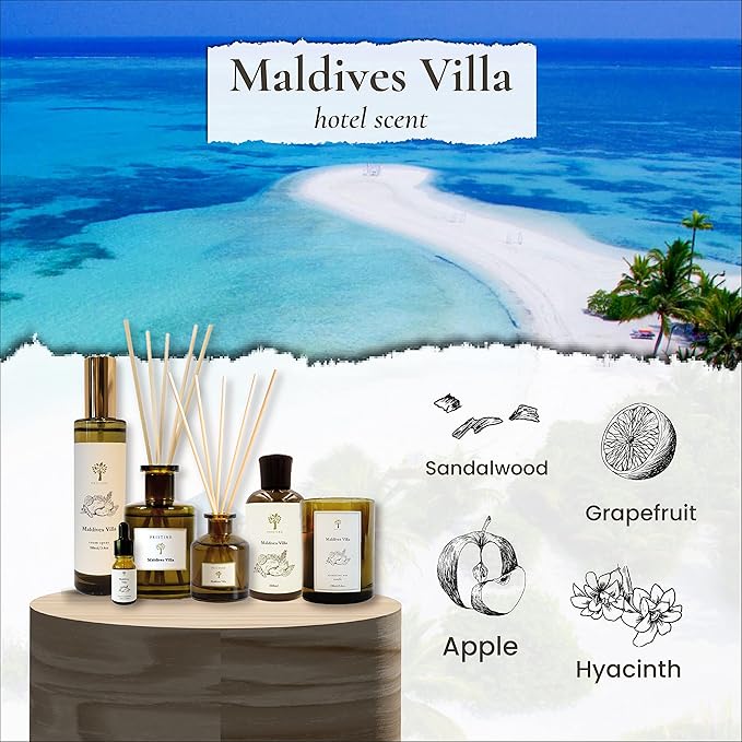 PRISTINE Maldives Villa/Inspired by Marriott Hotel Reed Diffuser for Home | Citrusy Grapefruit, Apple/Ocean Breeze/Sandalwood Oil Reed Diffuser Set & Reed Diffuser Sticks | Home Decor Scent Diffuser