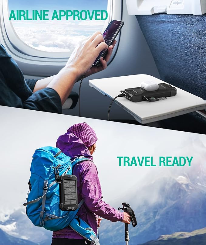 BLAVOR Solar Power Bank 10,000mAh, Portable Wireless Charger, 20W Fast Charging External Battery Pack with USB C for Cell Phones, Solar Panel Charging with Dual Flashlight for Camping