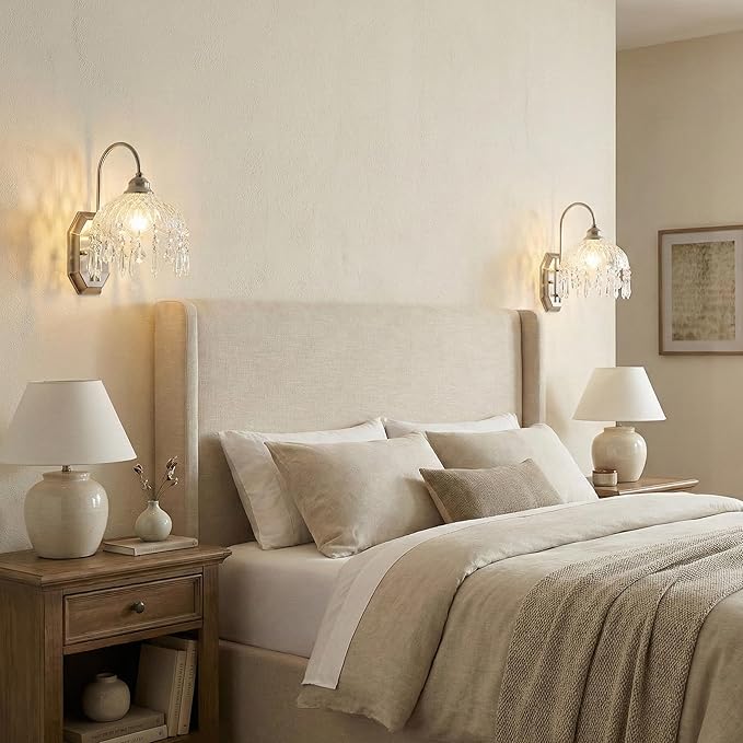 2-Pack Vintage Wall Sconce, Glass Crystal, Matte Brushed Antique Black Finish, for Bedroom Bathroom Hallway Living Room