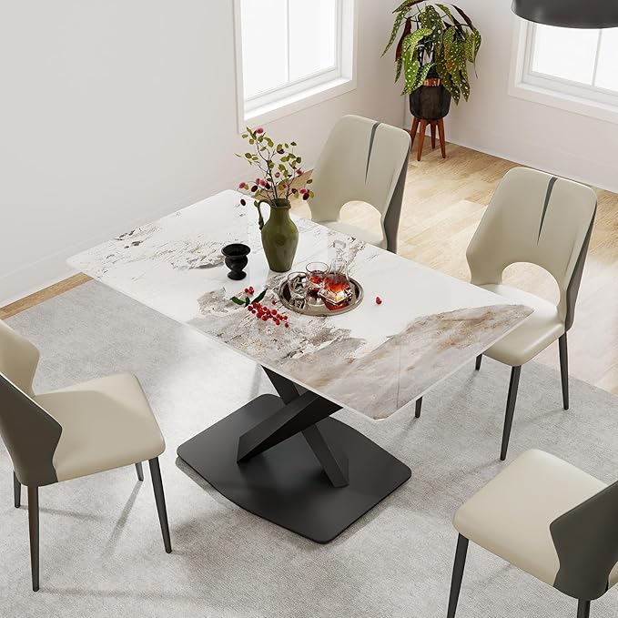 55" Modern Dining Table for 4-6 People, White Sintered Stone Table Top with X-Shape Carbon Steel Pedestal, Large Rectangular Table for Kitchen Living Room