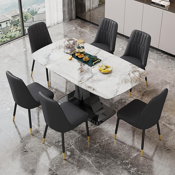Modern Dining Table Set for 6, Marble Kitchen Table Chair Set for 6, Rectangular Kitchen Table with 6 Pu Leather Upholstered Chair for Dining Room