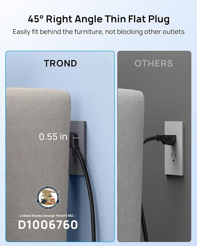 TROND Surge Protector Power Strip 15 ft, Flat Plug Extension Cord with 32W USB C & QC 3.0 Charger, 4000 Joules, ETL Listed, 13 Wide Spaced Outlets, Heavy Duty, Wall Mount for Home Office, Black