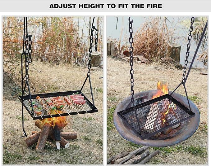 REDCAMP Swing Outdoor Campfire Grill Stand - Collapsible Campfire Cooking Rack with 6 Hooks & Iron Grill Grate, Portable Dutch Oven Hanger for Camping, Hiking, Cookware, Bonfire, Rectangle