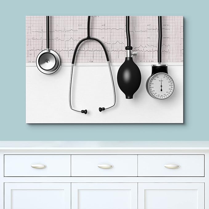 wall26 Canvas Print Wall Art Doctor Stethoscope Blood Pressure Pump Medical & Hospital Health Photography Realism Fitness Therapeutic Colorful Decorative for Living Room, Bedroom, Office - 12"x18"