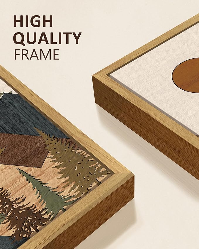 KUVIOKE Large 12x24in Wooden Mountains Range Landscape Wall Art Framed Tree Nature Wall Decor Farmhouse Rustic Prints Kitchen Living Room Ready to Hang Natural Framed