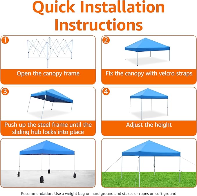 Amazon Basics Outdoor Pop Up 10 x 10 Canopy Tent for Events, Portable with Easy Setup, Includes Wheeled Carry Bag, 8 Pegs, 4 Ropes, 4 Weighted Bags, Blue