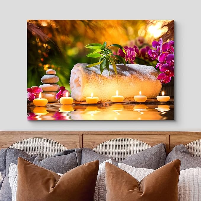 wall26 Canvas Print Wall Art Sunset Yoga Meditation Bath Towel Candle Orchids Nature Wilderness Photography Realism Rustic Landscape Colorful Multicolor for Living Room, Bedroom, Office - 16"x24"