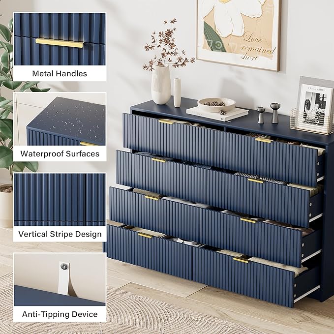 Navy Blue Dresser for Bedroom, Modern Dresser with 8 Drawers and Smooth Slides, Wide Chest of Drawers with Golden Handles for Bedroom, Closet, 15.7" D x 55" W x 37.4" H