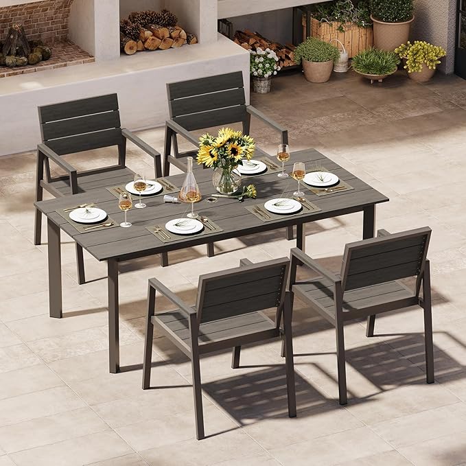 Aluminum Patio Dining Sets 5-Piece Outdoor Dining Sets with Umbrella Hole Wood-Like Table and Chairs, Outdoor Furniture Sets All Weather for Garden, Backyard, Lawn, and Poolside, Charcoal