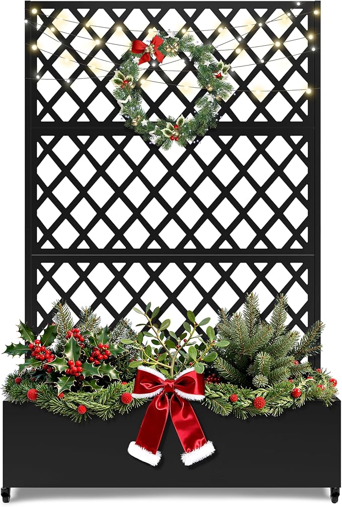 FENCY Metal Planter Box with Diamond Lattice Trellis Planter Box for Climbing Plants/Vines, Galvanized Raised Garden Bed On Wheels, Garden Bed with Trellis(73"x47" Black)