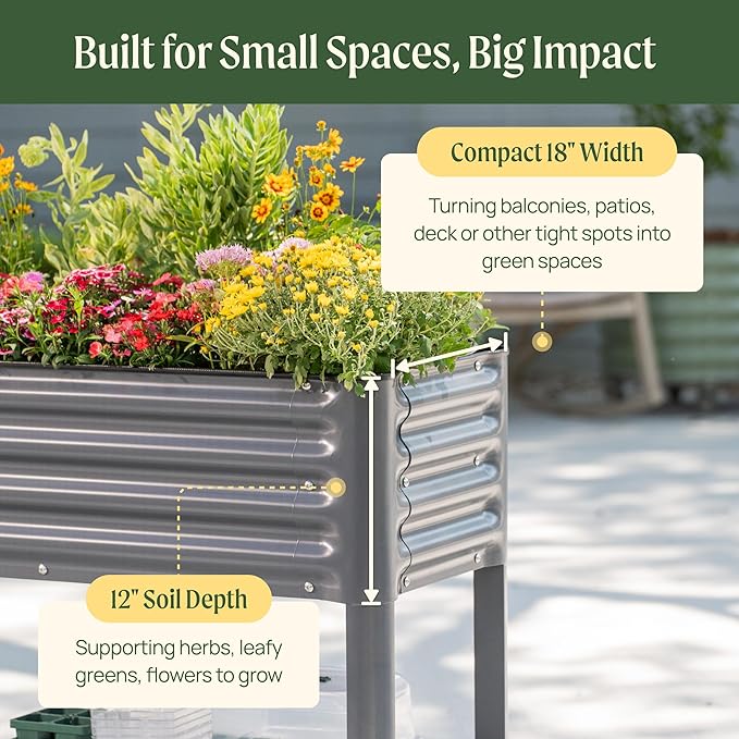 Rolling Elevated Raised Garden Bed - Slim Series, 1.5' x 3.5' Outdoor Planters Boxes with Legs & Storage Rack for Patio, 500 Lbs Weight Capacity, Raised Beds for Gardening Herbs Flowers, Modern Gray
