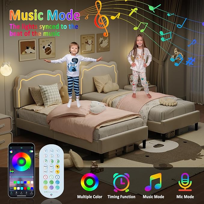 GarveeHome Twin Upholstered Smart LED Bed Frame with Headboard, Velvet Princess Platform Bed Frame for Kids, Wooden Slats Support, No Box Spring Needed (Beige)