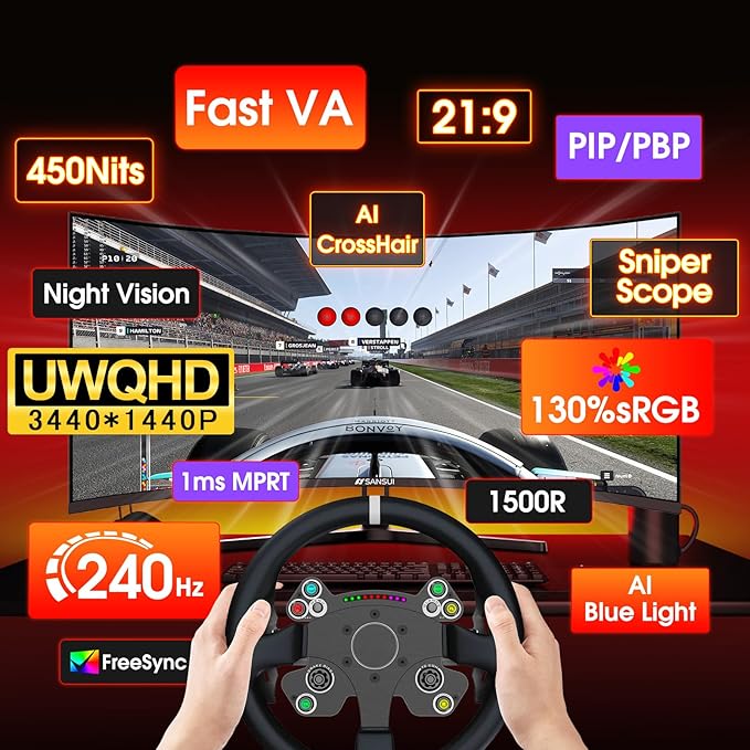 SANSUI 34 Inch 240Hz Ultrawide Curved Gaming Monitor UWQHD 3440×1440, 21:9 2K Curved Monitor 1500R,HDR400,Fast VA, PIP/PBP,AI Crosshair,AIPQ(Visual Enhance),MPRT 1ms,HDMI2.1*2,DP1.4*2(DP Cable Incl.)