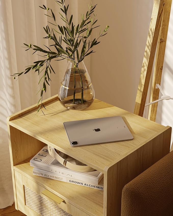 Rattan Nightstand,Modern Bedside Table with Storage Drawer and Open Wood Shelf, for Living Room, Bedroom and Small Spaces, Accent Night Stand with Solid Wood Legs, Easy Assembly,(Oak)