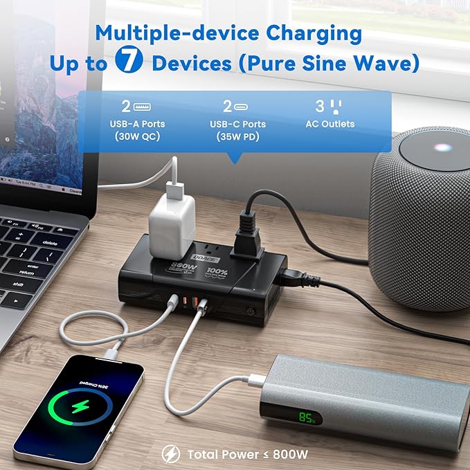DOACE 800W Universal Travel Adapter: 220V to 110V Pure Sine Wave, EU Step-Down Transformer for 200+ Countries, 3 Outlets & 4 USB, Compatible with Phones, Hair Straighteners, Cameras