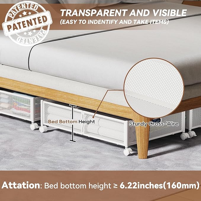 PHINOX Under Bed Storage with wheels, Under the Bed Storage Containers,Upgrade Crossed Iron Wire, Metal Rolling Underbed Storage Containers for Bedroom Clothes Shoes Blankets-2 Pack,White