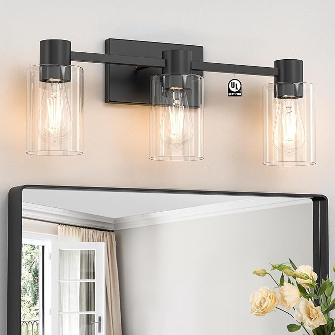 3-Light Matte Black Wall Sconces for Bathroom, Modern Vanity Light Fixtures Over Mirror, Bathroom Light Fixtures with Clear Glass Shade, E26 Wall Sconces for Living Room, Hallway