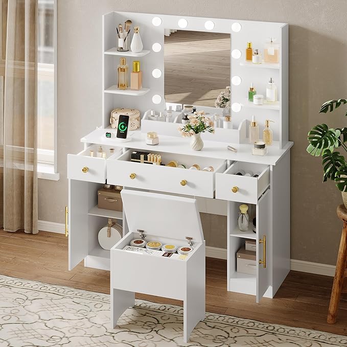 Vanity Desk with Mirror and Lights, Makeup Vanity with Charging Station & Vanity Stool, 3 Drawers and Cabinets White Vanity Mirror with RGB LED Lights Vanity Desk and Chair for Women