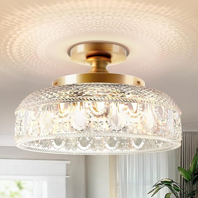 Lamomo Semi Flush Mount Ceiling Light, Upgraded Larger 12 Inch Golden Hallway Light Fixture, 3 Light Globe Glass Close to Ceiling Scone,Indoor Hanging Light for Bedroom Kitchen Porch Hallway