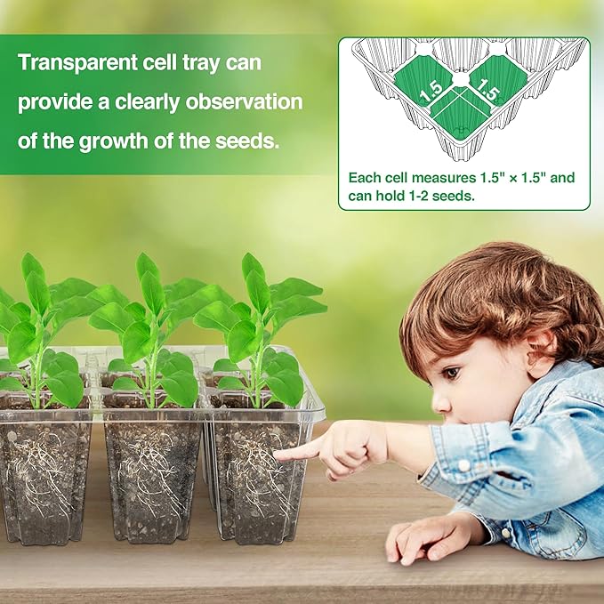 Bonviee 10 Packs Seed Starter Tray with Elevated Lid, 120 Cells Thicken Seed Starting Trays Kit with Adjustable Humidity Vent, Clear Cell Tray and Heightened Lids for Greenhouse & Gardens, Clear