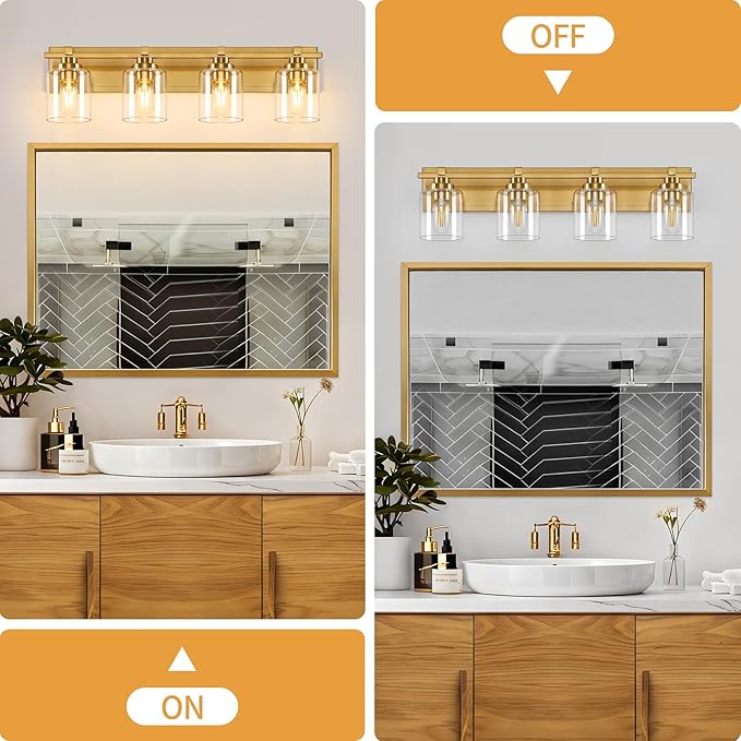 4 Light Modern Bathroom Light Fixtures Over Mirror, Brass Finish Vanity Lights for Bathroom Wall Sconces with Clear Glass Shades, E26 Socket (Bulbs Not Included)