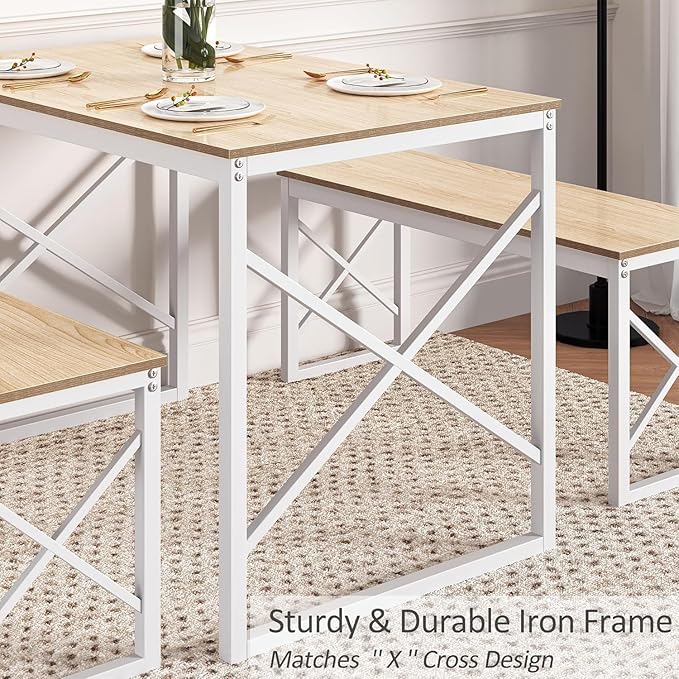 VECELO Kitchen Dining Table Benches Set for 4, 43.3" Wooden Dinette with 2 Benches, Heavy-Duty Dining Room Table for Small Space, Breakfast Nook, Natural Oak