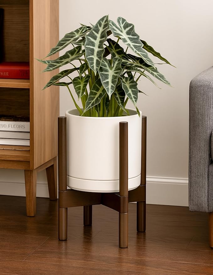 D'vine Dev Ceramic Planter with Walnut Color Stand - 8 Inch Modern Round Flower Pot with Wood Planter Holder, Oatmeal, 55-B-Y-8