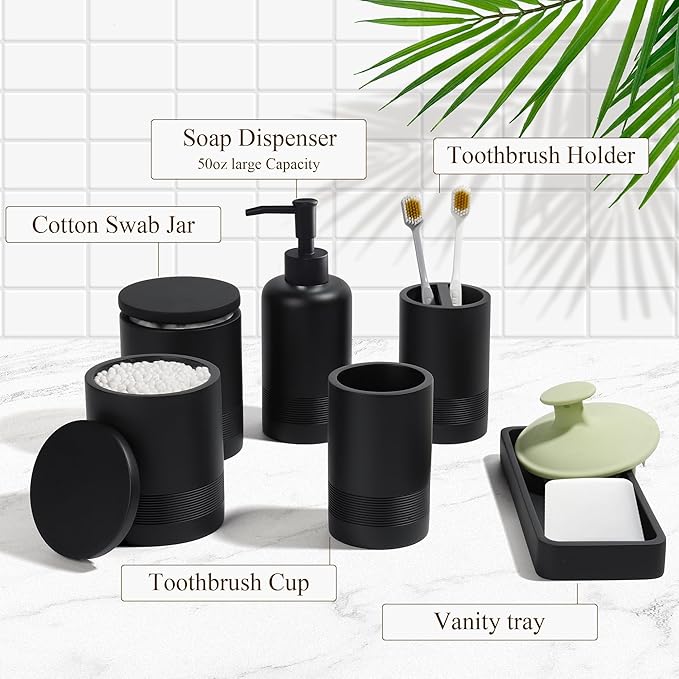 Bathroom Accessories Set, 6-Piece Bathroom Accessory Set, Toothbrush Holders Set, Soap Dispenser, Vanity Tray, Tumbler, Cotton Swab Jars, Bathroom Organizer for Modern Bathrooms(Matte Black)