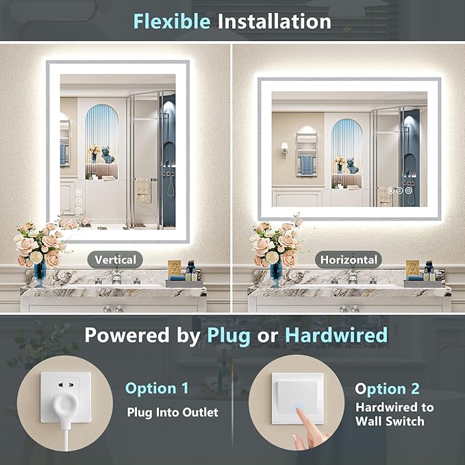 32x36 Brushed Nickel LED Bathroom Mirror with Lights, Sliver Framed Backlit and Front Lit Anti-Fog Lighted Vanity Mirrors for Bathroom Wall, Dimmable, 3 Colors, Memory, Tempered Glass, CRI＞90
