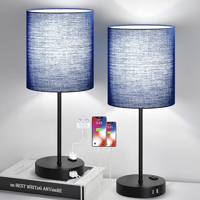 Lynnoland 2 Pack Touch Control Table Lamps with 2 USB & AC Outlet, 3-Way Dimmable Bedside Nightstand Lamps for Bedroom Living Room Nursery, 800 Lumens 5000K Daylight Bulbs Included