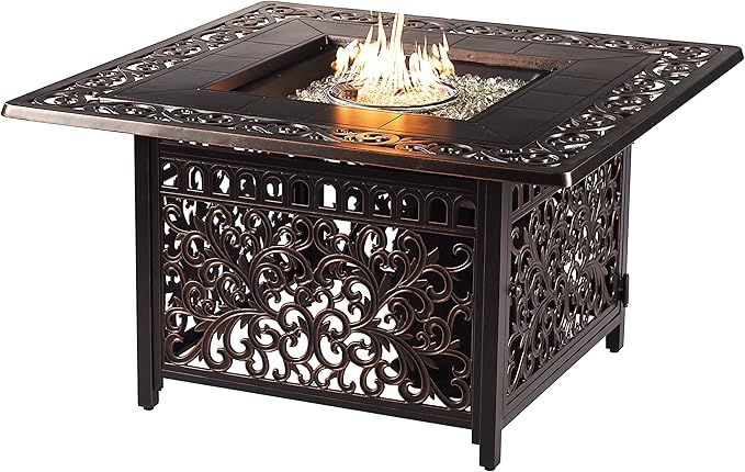 Oakland Living Black Aluminum Patio Fire Table Set with Four Club Chairs with Light Grey Cushions
