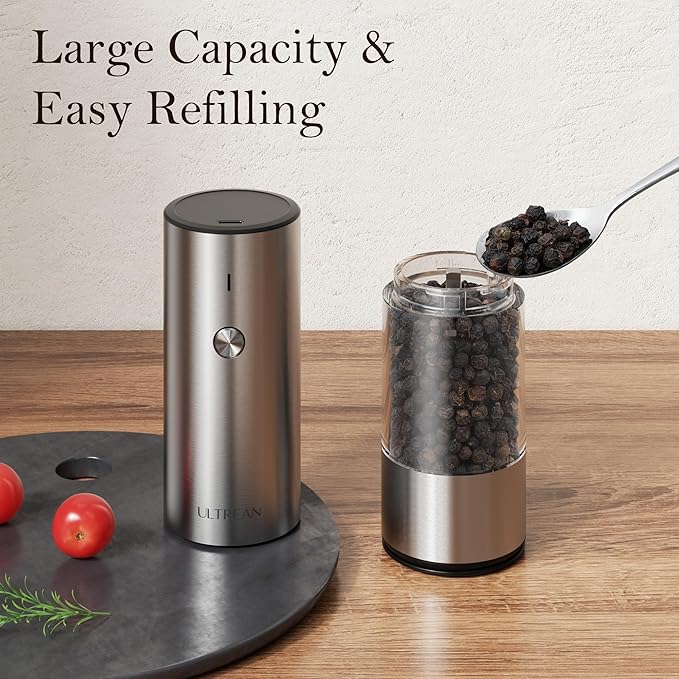 Ultrean Salt and Pepper Grinder Set, Rechargeable Salt and Pepper Shakers, 6 Adjustable Coarseness, LED Light, Kitchen Gadget & Housewarming Gift, Stainless Steel