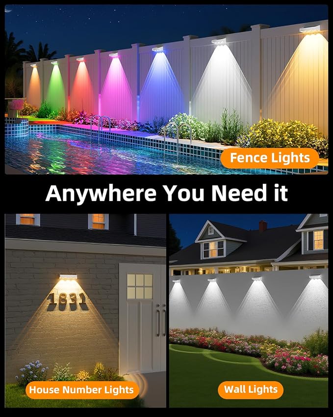 JOFIOS Solar Fence Lights Outdoor, 8 Pack, 9 Fixed Colors ＆ Color Changing LED Light Solar Powered Waterproof IP65 Dusk-to-Dawn Vinyl Fence Lights for Patio, Railing, Pool, Porch, Backyard, Wall