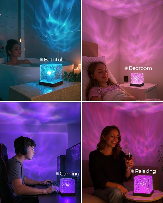 Rechargeable Shower Light Cube, 16 Colors Ocean Lamp, Waterproof Bathroom Mood Lighting, Ocean Wave Projector with Remote, Shower Mood Light, Bathtub Lights for Relaxing Spa, Bedroom Decor (Black)
