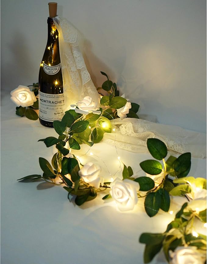 Rose Vine Lights with Remote, Battery or USB Operated Artificial Flower Garland, Hanging Fairy Lights for Bedroom Headboard, Valentine‘s Day, Wedding, Romantic Party Décor (White, 3.3)