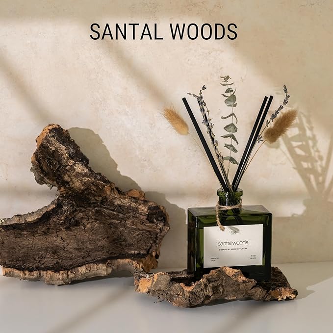 Craft & Kin Reed Diffuser with Dried Flowers | 5 oz Santal Woods Scented Reed Diffusers for Home, Bathroom | Scent Sticks | Elegant Fragrance Home Decor for Men & Women