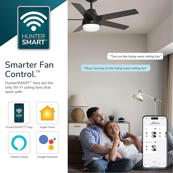 Hunter 60 inch Indoor Ceiling Fan with LED Light and Wall Control - Black Smart Ceiling Fan, Standard Mount, 7 Blades, For Bedroom or Living Room, Quiet - Phenomenon 51376, Matte Black