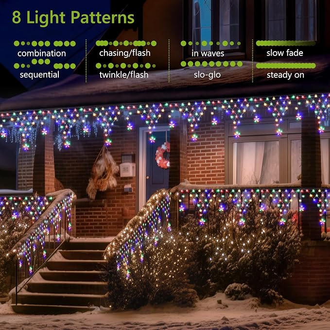 Christmas Lights Outdoor Decorations 218 LED 13.8ft Curtain Fairy Lights with 12 Drops, LED String Light Decor with 8 Modes for Party Holiday Christmas Home Indoor Outdoor Decor Star Multicolor