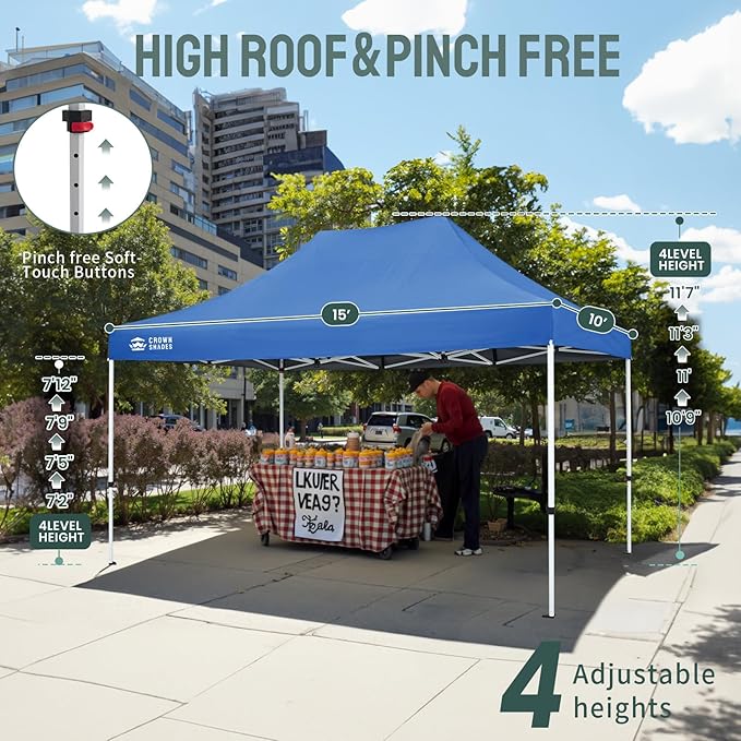 CROWN SHADES 10x15 Pop Up Canopy Tent, Thicken Frame Commercial Heavy Duty Tent, 8 Stakes & 4 Sandbags & 4 Ropes, Outdoor Canopies for Events, Parties,Blue