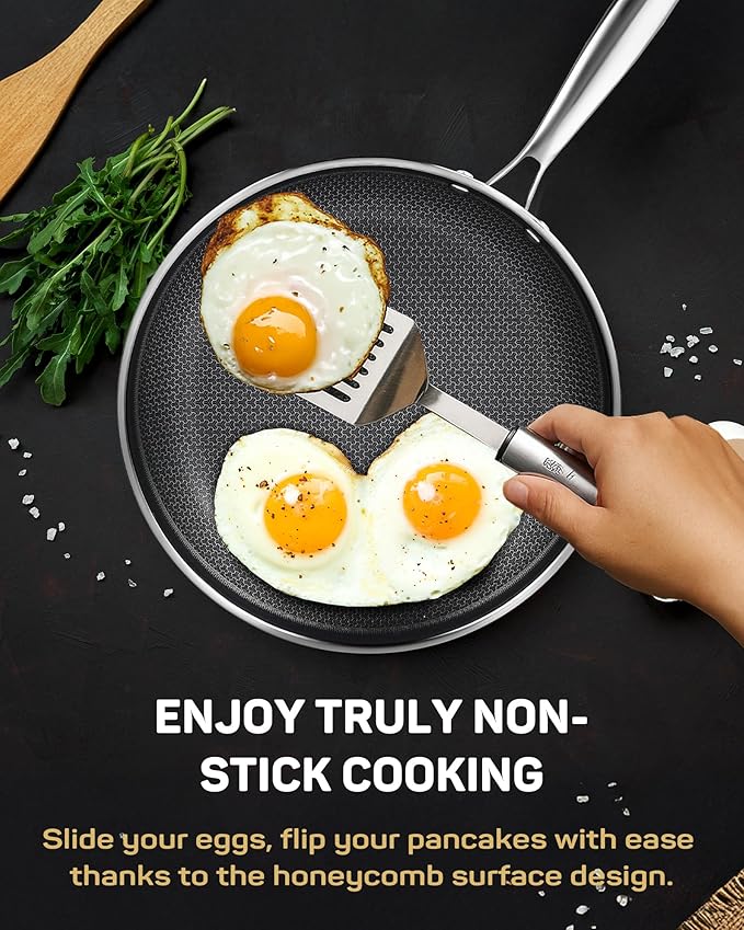 Stainless Steel Nonstick Frying Pan, Hybrid Ceramic 8-Inch Frying Pans, Stay-Cool Handle, PFAS & PFOA PTFE Free, Dishwasher & Oven Safe, Scratch-Resistant, Compatible with Induction & All Cooktops