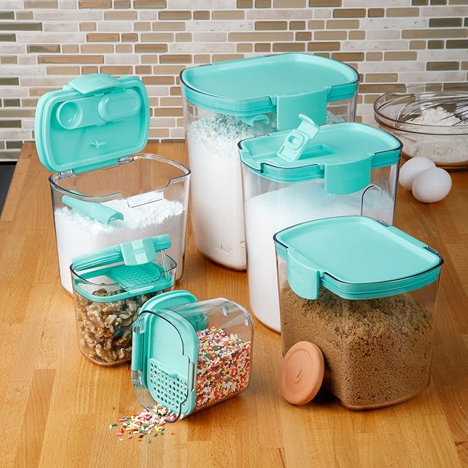 Progressive ProKeeper Baker's Airtight Kitchen Storage Canister Container Set for Flour, Sugar & More, Keeps Ingredients Fresh, with Accessories (Turquoise, 6- Piece)