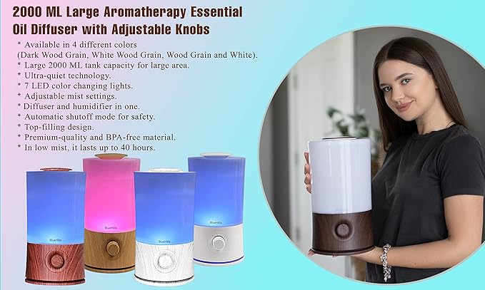 BlueHills Premium Large 2500 ML and 2000 ML XL Essential Oil Diffusers Humidifier Combo Set of 2 for Large Room Home with Décor LED Lights Great Gift – White and White Wood Grain