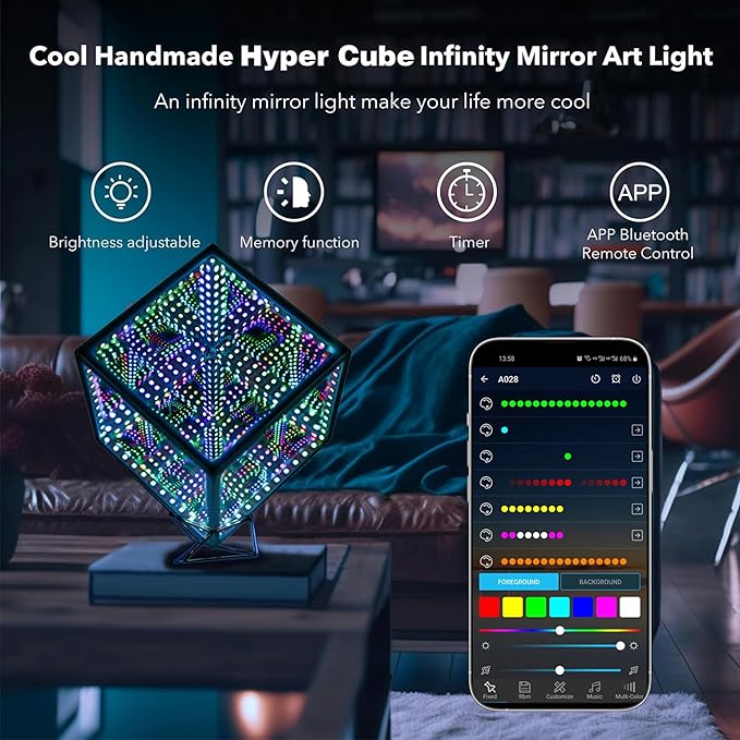 Infinity Mirror Hyper Cube Table Lamp, Desk Art Night Light, Color-Changing Music-Sync APP-Controlled Ambient Light for Gaming, Party, Home, Gift (10 Inches)
