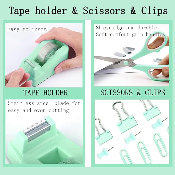 Green Office Desk Accessories Supplies, 12pcs Desk Organizers and Accessories with Tape dispenser and Stapler,Staples,Staple Remover,Pen Holder,Scissor,Ruler,Sticky Tabs,Tape,Ballpoint Pen,Clips Set