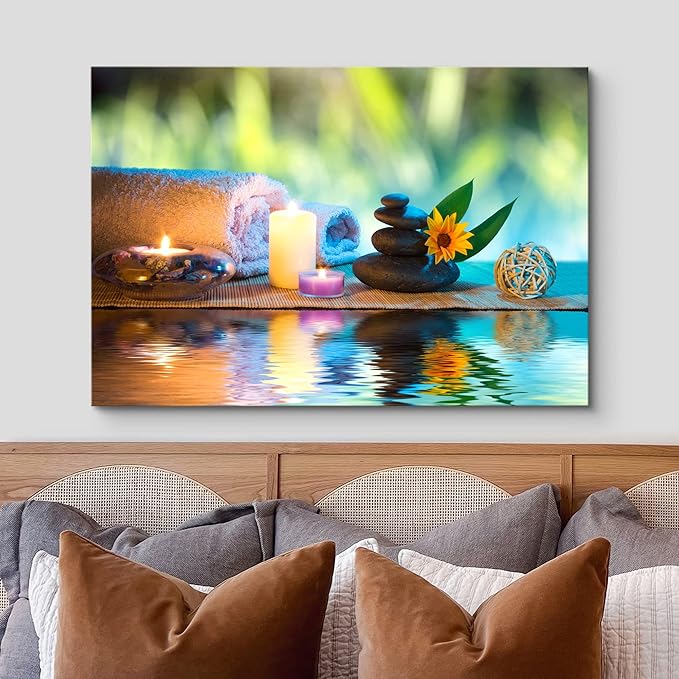 wall26 Canvas Print Wall Art Candles and Towels with Black Zen Stones and Orange Daisy Nature Floral Photography Realism Rustic Colorful Multicolor Ultra for Living Room, Bedroom, Office - 24"x36"