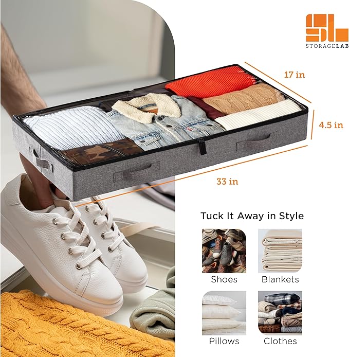 storageLAB Under Bed Storage Containers, Low Profile Underbed Organizers with Sturdy Handles, Dual Zippers, and Clear Windows, Ideal for Clothes, Pillows, and Blankets - 2 Pack, Low Profile, Gray