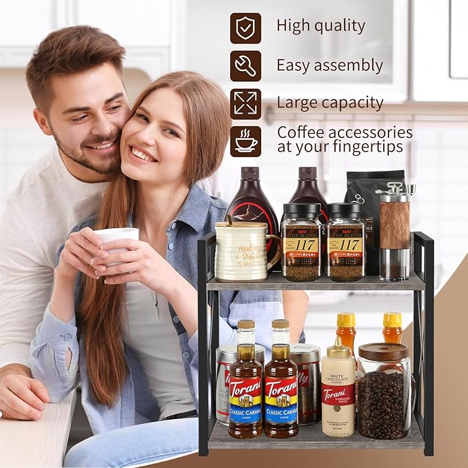 YINMIT Countertop Shelf Organizer,Coffee Bar Accessories,Spice Rack,Coffee Counter Shelf,2 Tier Coffee Organizer Station for Mugs,Cups,Cream,Syrup(Rustic Grey, Large)